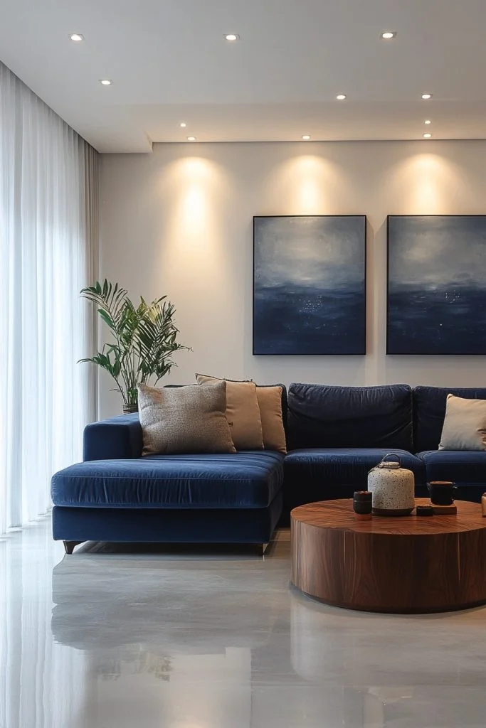 Sleek Minimalist Living with a Navy Blue Sofa