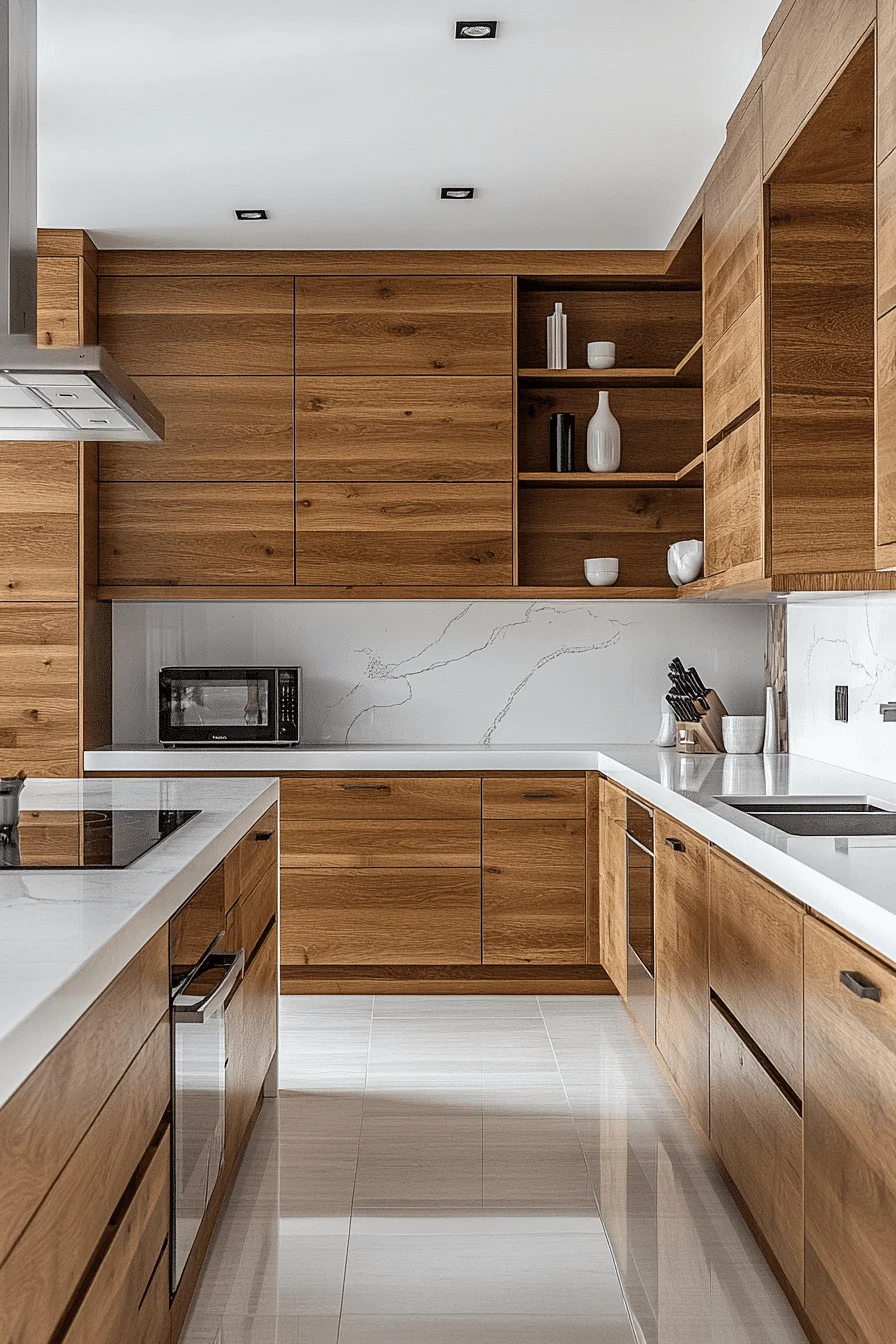 oak cabinets with white countertops